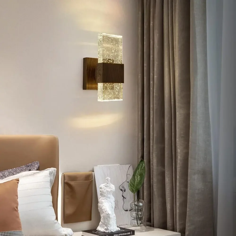 Rustic Walnut LED Bubble Crystal Wall Sconce Farmhouse Wall Light